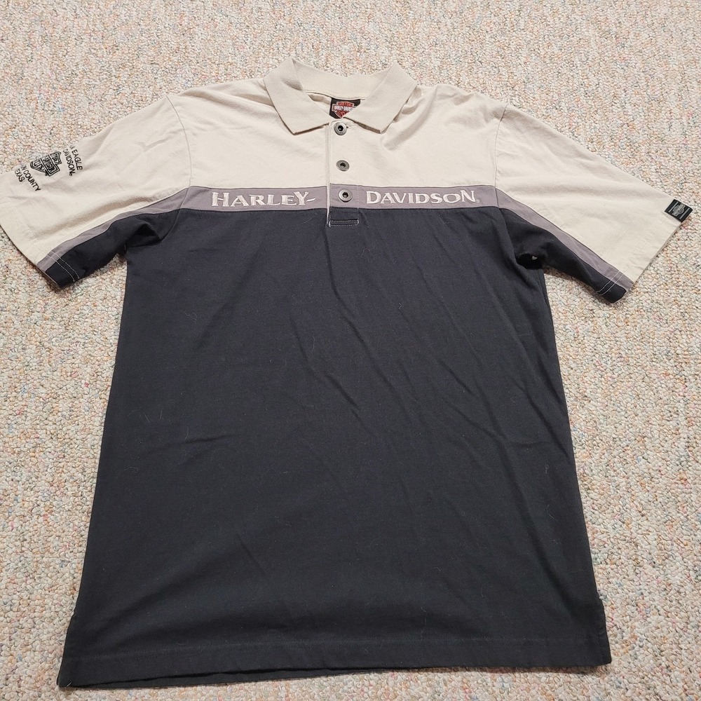 Harley Davidson Polo Shirt Mens‎ Medium Black Beige Motorcycle Rider Biker Logo